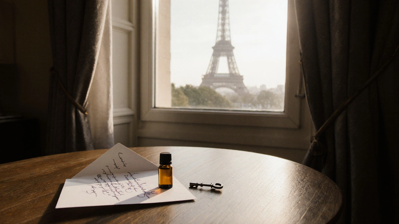 Cadeau de massage offert : enveloppe, huile de lavande et clé de spa avec vue sur la Tour Eiffel.