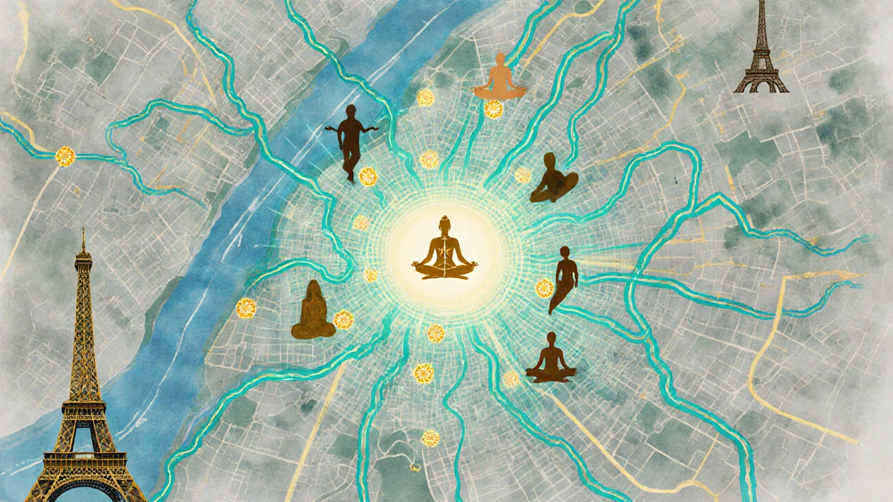 Carte imaginaire de Paris avec des lignes d’énergie et des silhouettes relaxées.