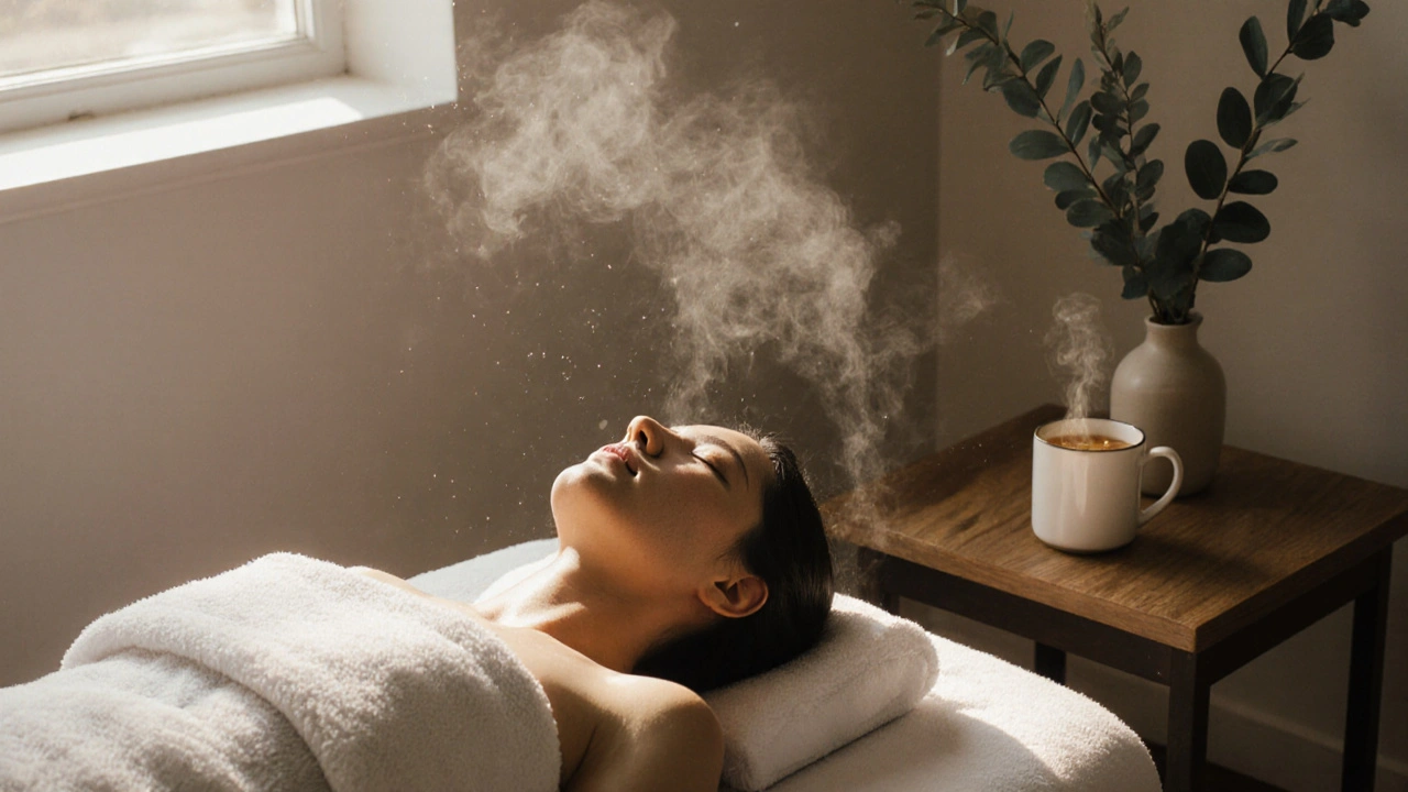 Client détendu après un massage, avec une tisane et une lumière naturelle dans une pièce calme.