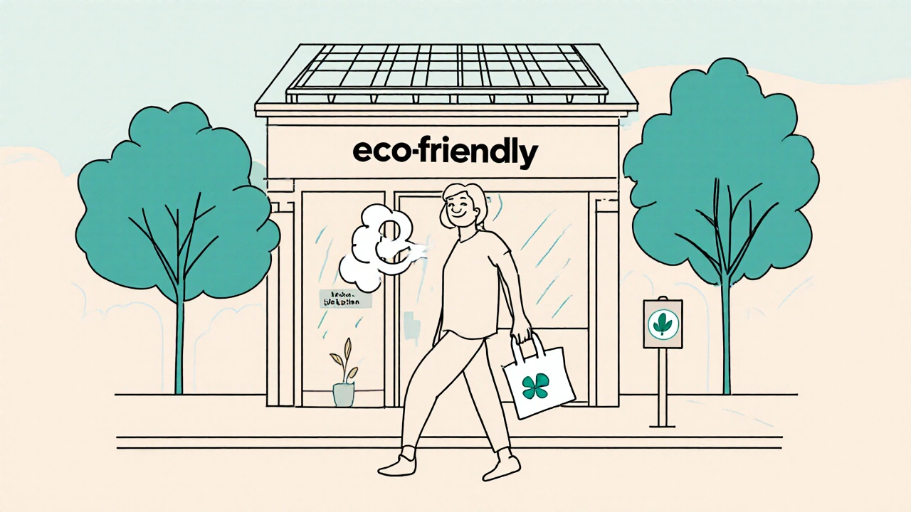 Client détendu quittant le salon éco‑responsable, portant un sac réutilisable, vue sur Paris.