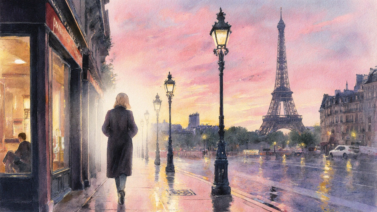 Client détendu sort du salon, promenant sous le crépuscule parisien, respirant le bien-être.