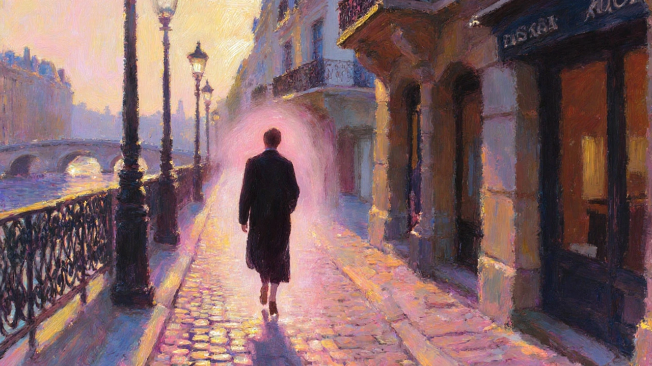 Client sort du spa, aura douce, rue parisienne au crépuscule, atmosphère paisible.