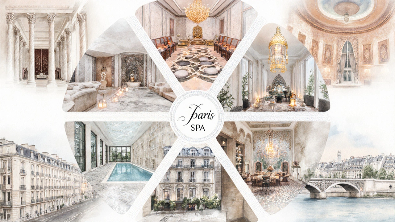 Collage illustrant dix ambiances de spas parisiens, du luxe au vintage, entouré d’éléments de la ville.