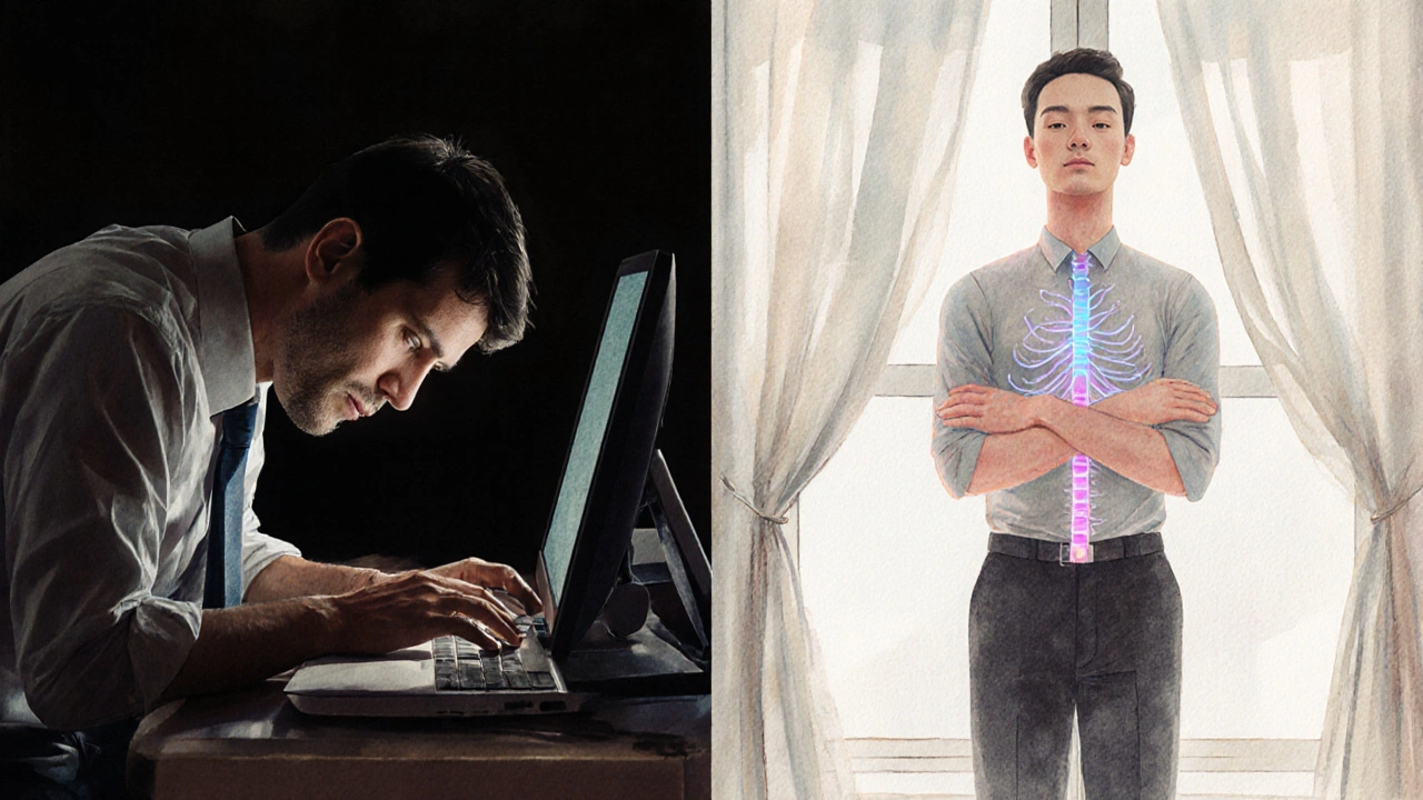 Comparaison artistique d'une personne tendue au bureau et libérée après un massage thaïlandais, avec des lignes d'énergie subtilement visibles.