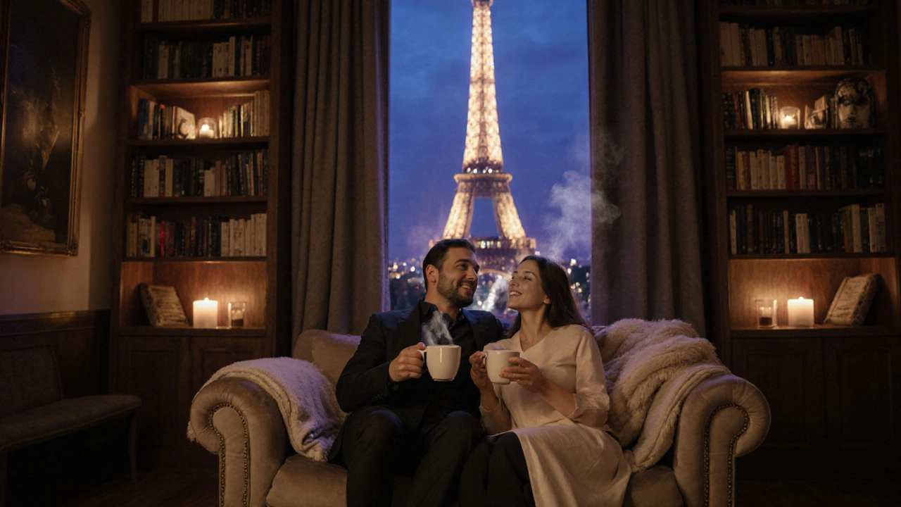 Couple détendu dans un lounge, tasses de thé, vue nocturne de la tour Eiffel.