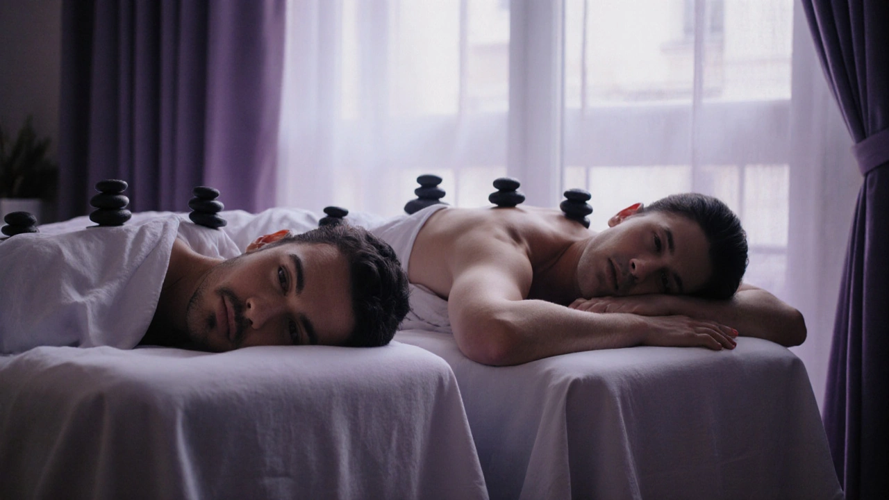 Couple en massage côte à côte dans une pièce calme, couvert de draps, en pleine détente.