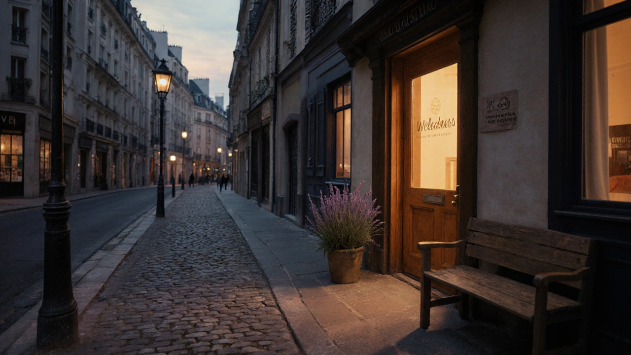 Façade chaleureuse d'un studio parisien au crépuscule, invitant à la sérénité.