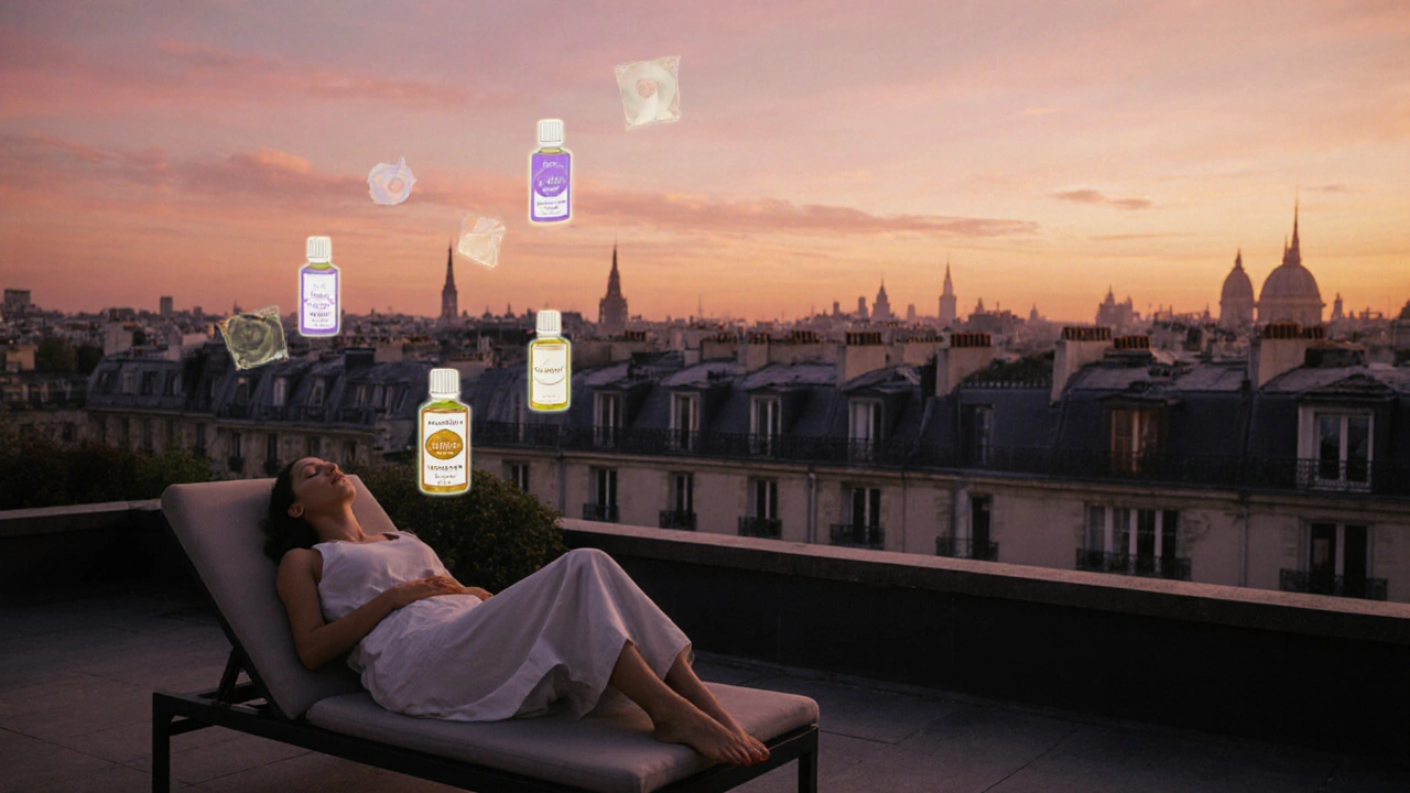 Femme détendue sur un toit parisien au coucher du soleil, entourée d&#039;icônes d&#039;huiles essentielles.