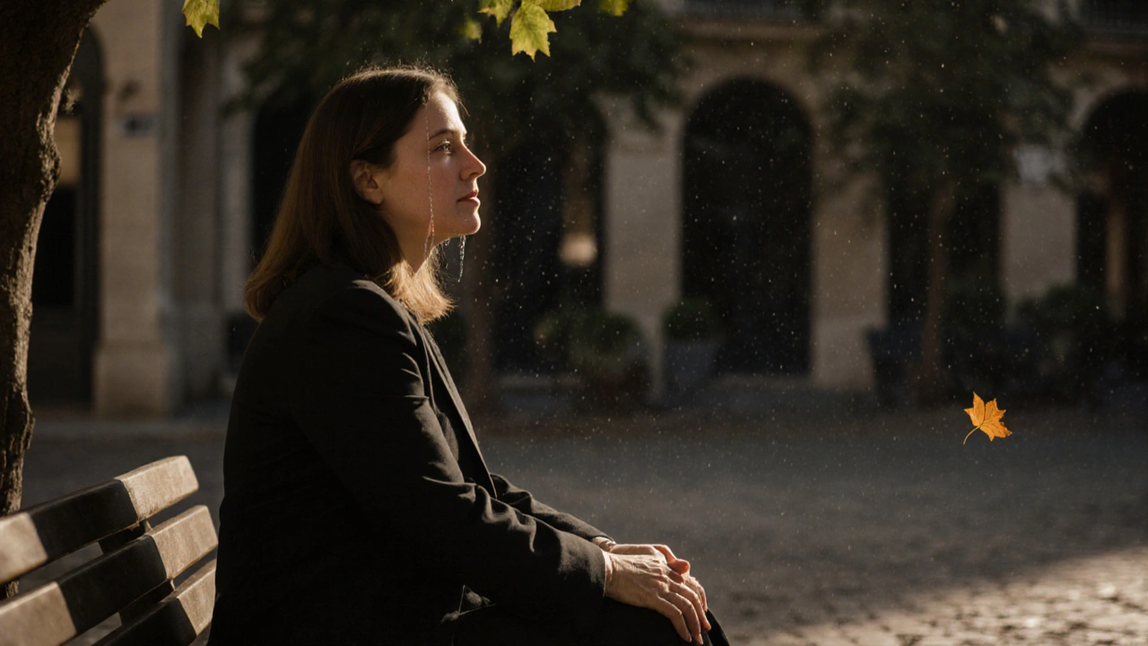 Femme en larmes mais apaisée sur un banc de cour intérieure, feuille tombant doucement, expression de paix intérieure après une séance.
