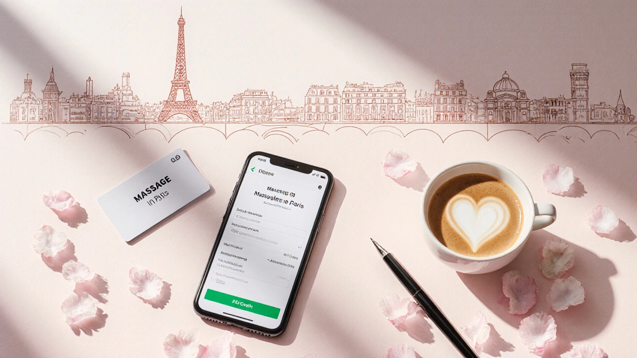 Flat‑lay d&#039;une carte‑cadeau massage, smartphone, espresso et pétales de cerisier.