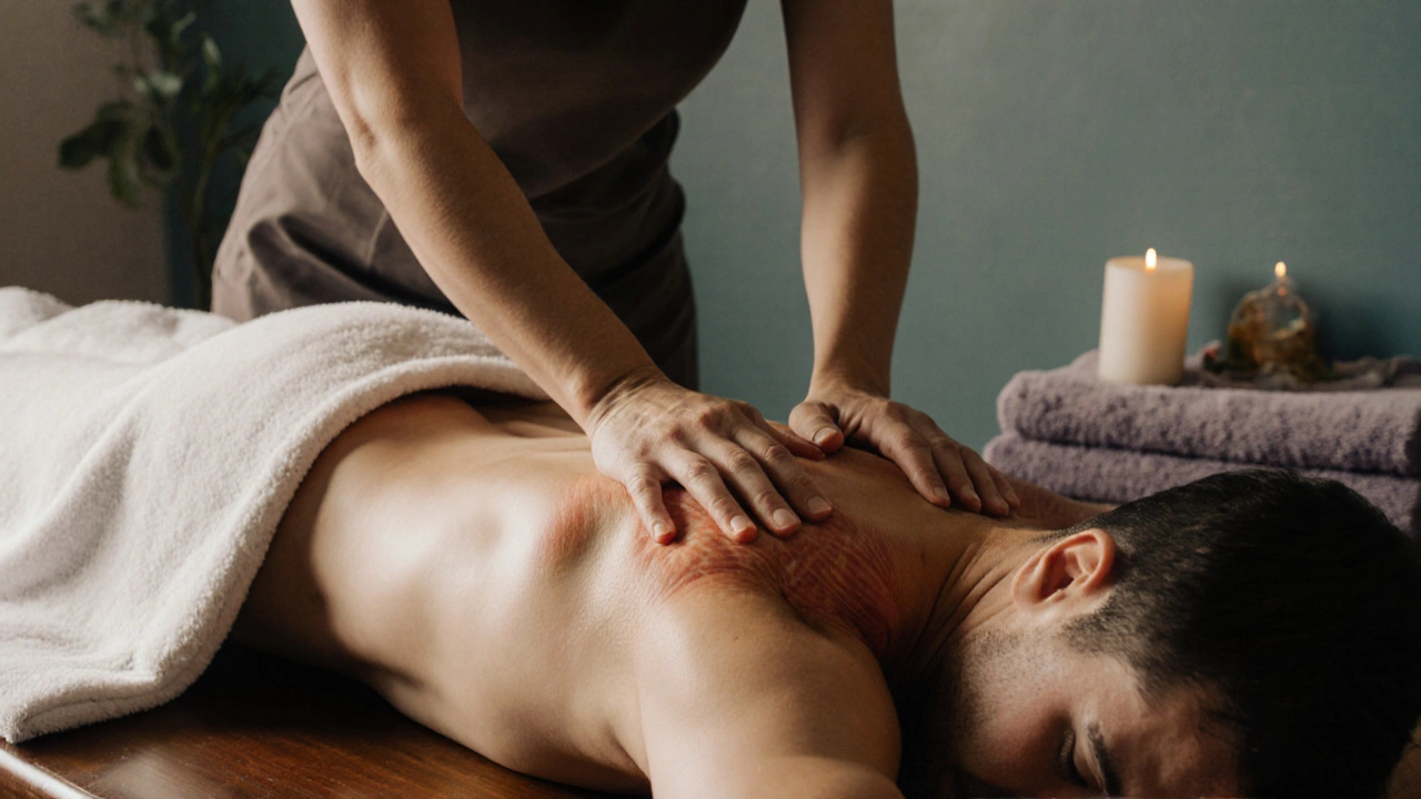 Gros plan artistique d&#039;un thérapeute appliquant un massage deep tissue sur le dos d&#039;un client.