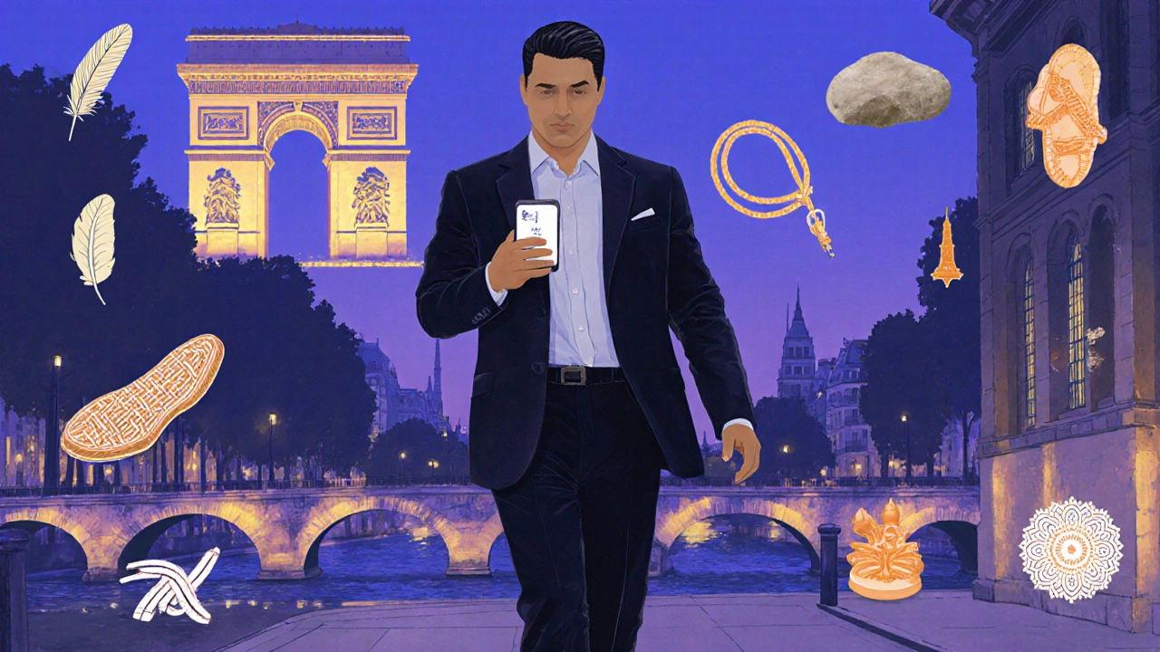 Homme sorti du spa, détendu, tenant son téléphone avec code promo, monuments parisiens en arrière‑plan.