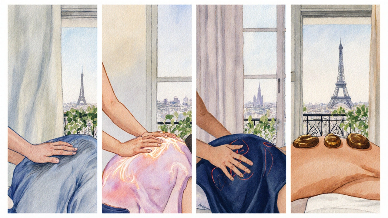 Illustration aquarelle des quatre styles de massage (suédois, californien, shiatsu, pierres chaudes) avec vue sur Paris.