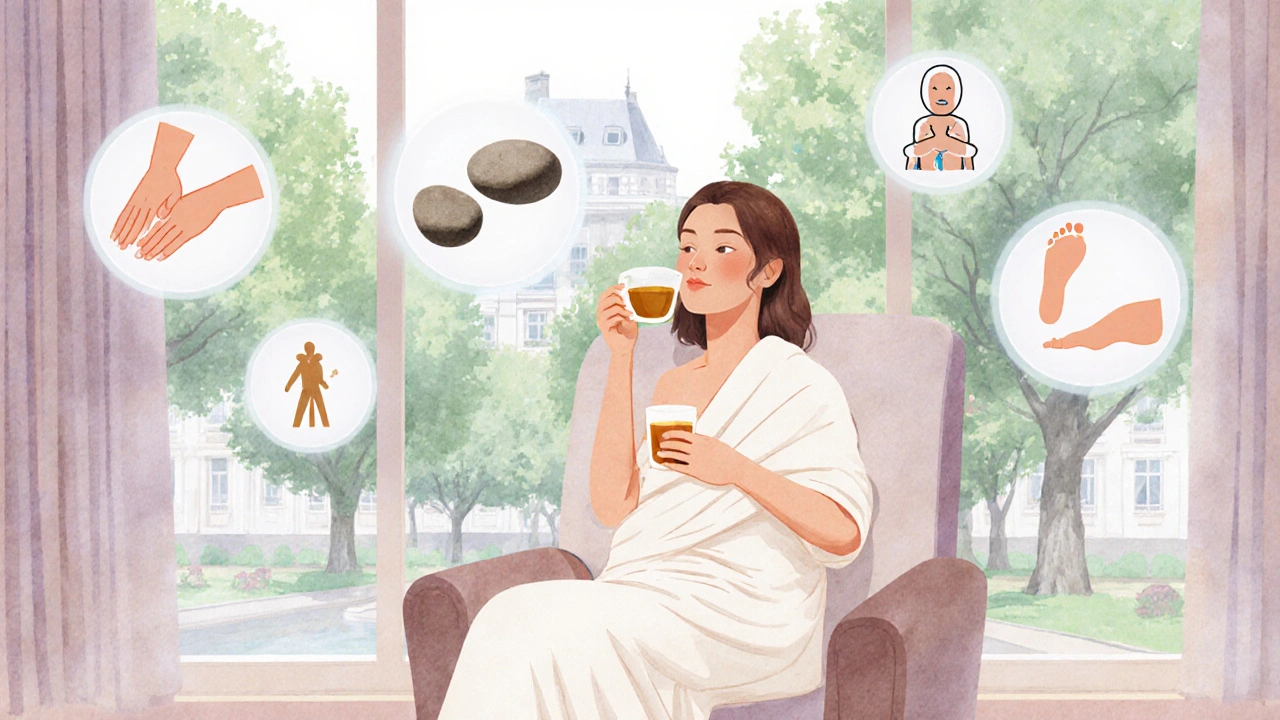 Illustration pastel d&#039;un client détendu après un massage, entouré d&#039;icônes de différentes techniques.