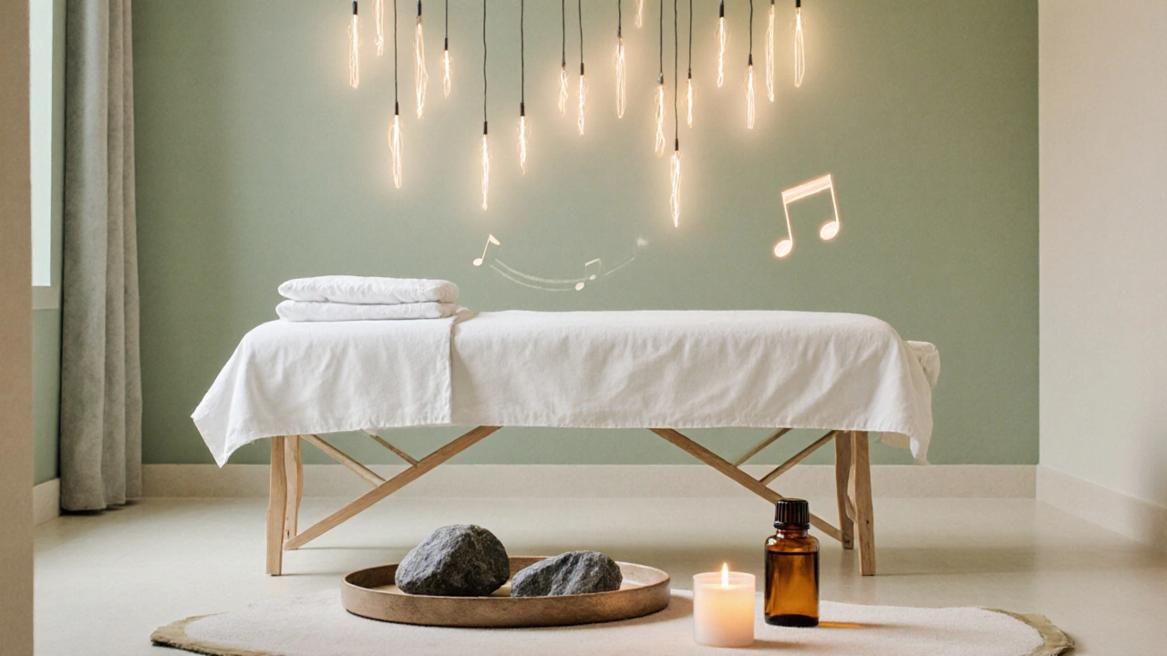 Intérieur d'un spa anti‑stress avec huiles essentielles, pierres et bougie.