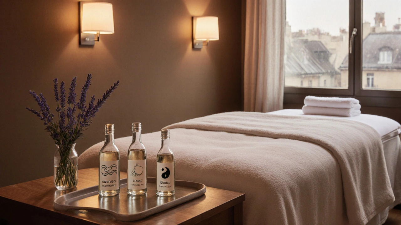Intérieur d&#039;un spa calme avec bouteilles d&#039;huiles essentielles et lumière tamisée.