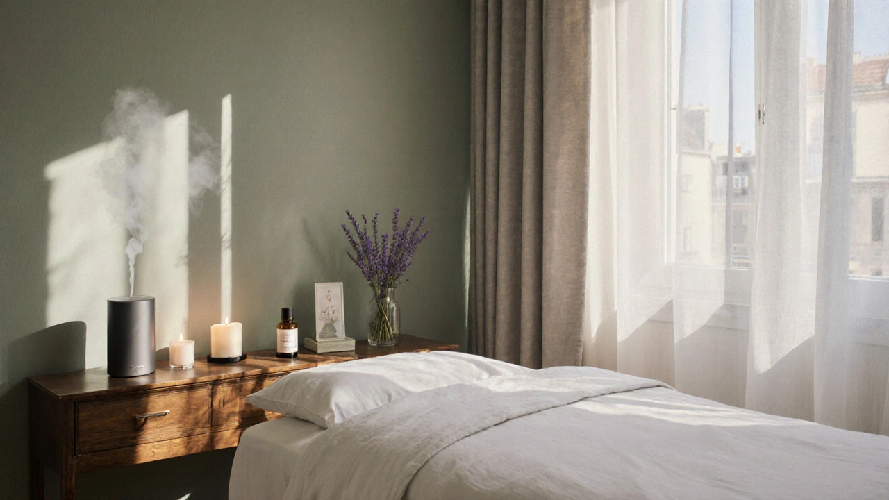 Intérieur d'un spa parisien avec table prête, bougies, diffuseur d'huiles essentielles et linge blanc.