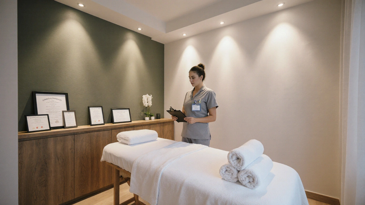 Intérieur d’un salon de massage du 15ᵉ, table propre, praticien certifié, lumière douce.