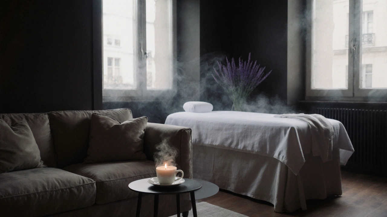 Intérieur doux d'un spa parisien avec table de massage, bougie allumée et thé fumant.