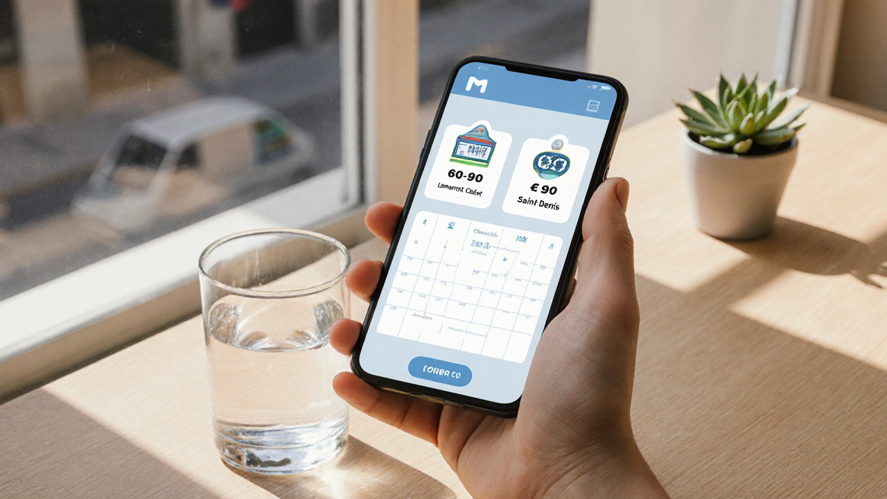 Main tenant un smartphone avec icônes de réservation, prix et stations de métro, posé sur une table calme.