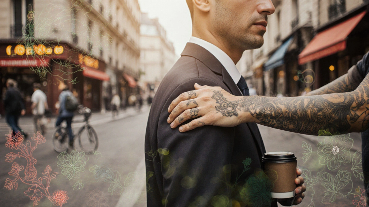 Mains thaïlandaises appliquant une pression sur une épaule parisienne, mêlant éléments urbains et motifs traditionnels dans un style conceptuel.