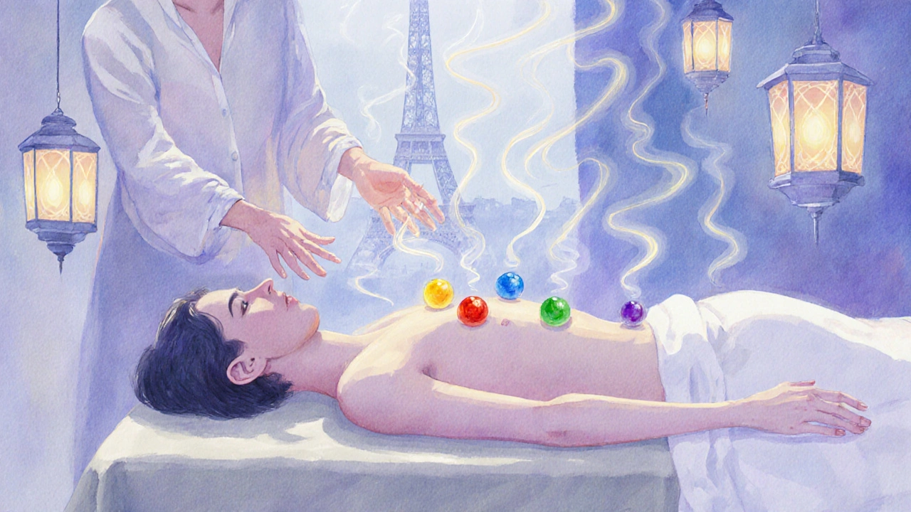 Massage énergétique illustré, mains du praticien transmettant lumière aux chakras.