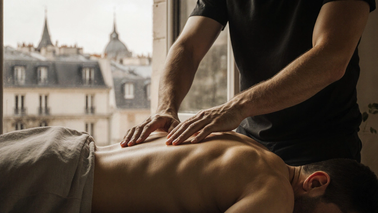 Masseur effectuant un massage thaïlandais sur un client habillé, dans un cadre intime d'appartement parisien.