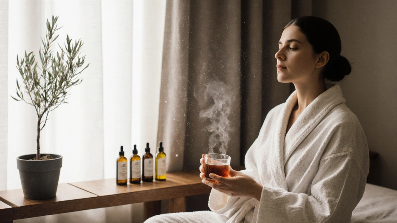 Personne assise en robe de spa, tenant une tasse de thé, dans un espace calme et minimaliste.