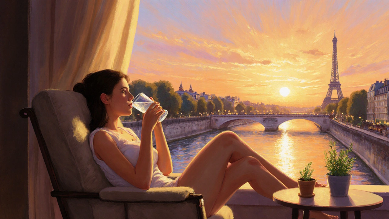 Personne détendue buvant de l&#039;eau sur un balcon parisien au coucher du soleil après un massage.