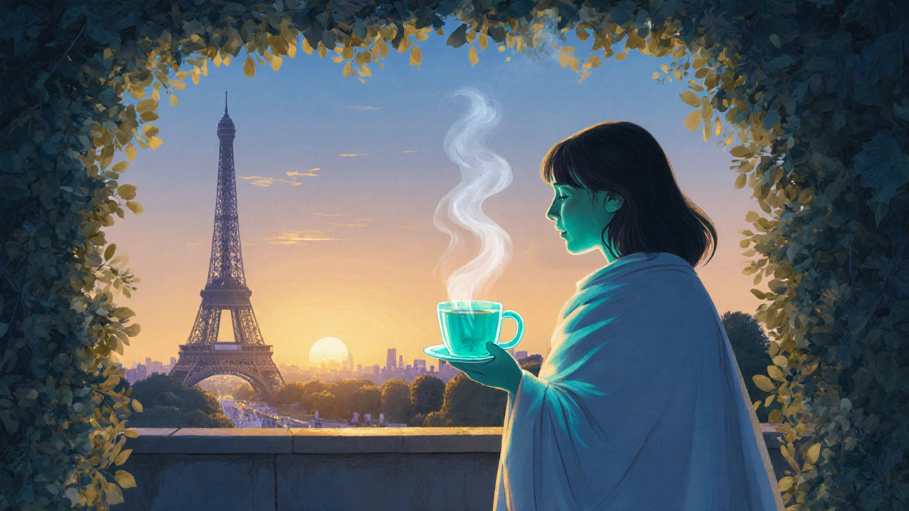 Personne détendue dans un jardin au coucher du soleil, tenant une tasse de thé.