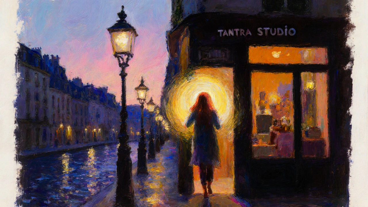 Personne détendue sort du studio, entourée d’une aura lumineuse au lever du jour.