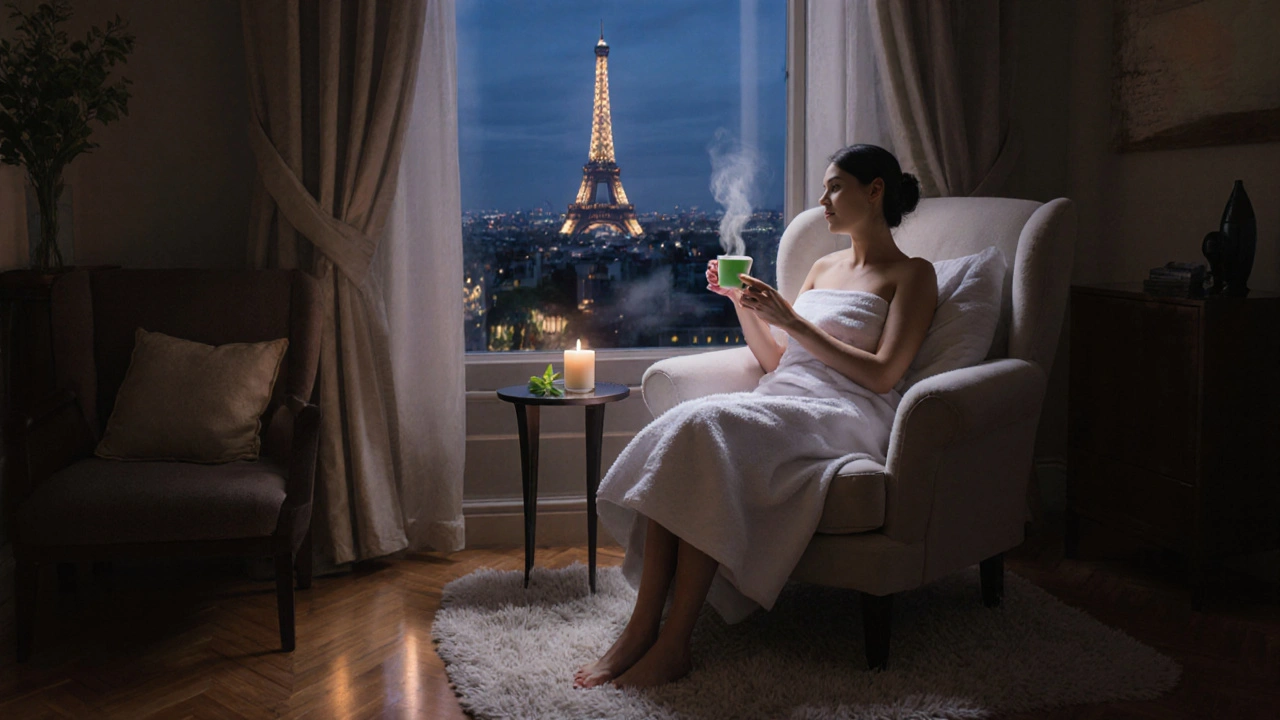 Personne détendue, tasse de thé, vue sur la tour Eiffel depuis le spa.