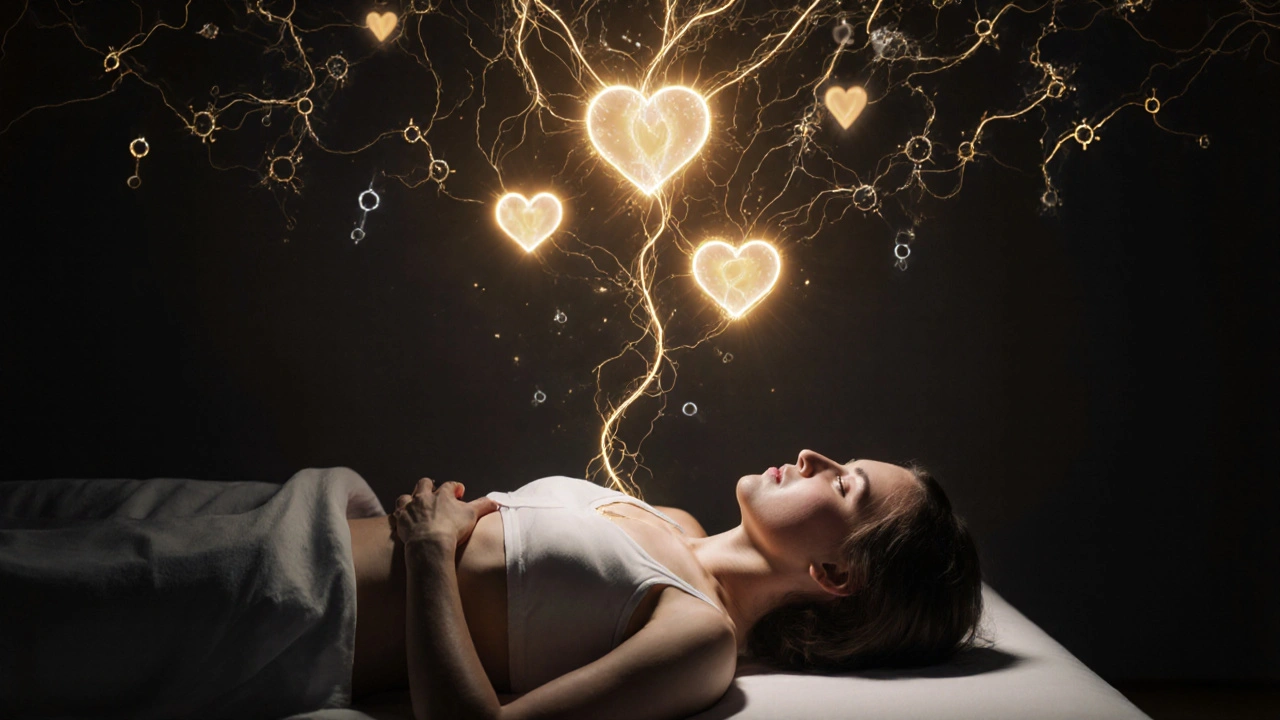 Représentation abstraite du lien émotionnel entre deux personnes pendant un massage en duo, avec des lumières connectant leurs cœurs.