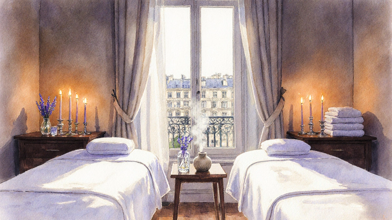 Salle de massage à deux, tables vides, chandelles, huiles essentielles et rideau léger.