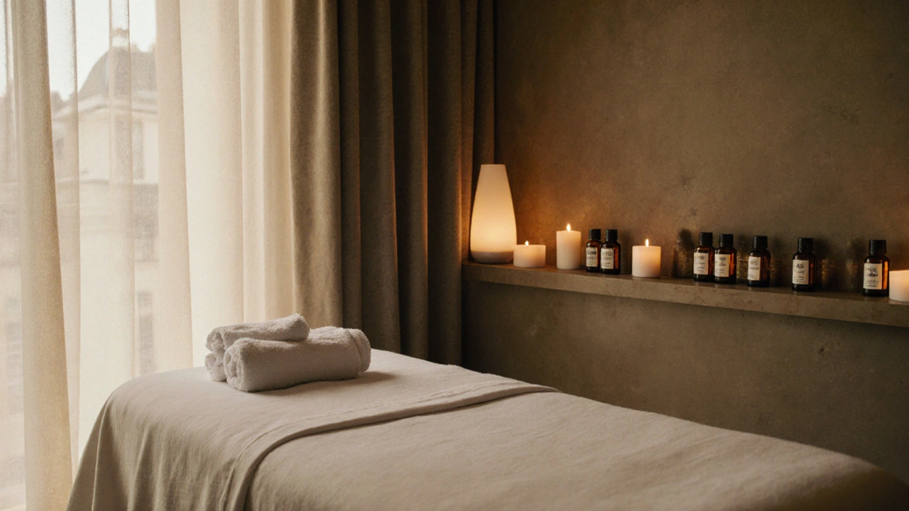 Salle de spa apaisante avec table de massage, huiles essentielles, bougies et lumière douce.