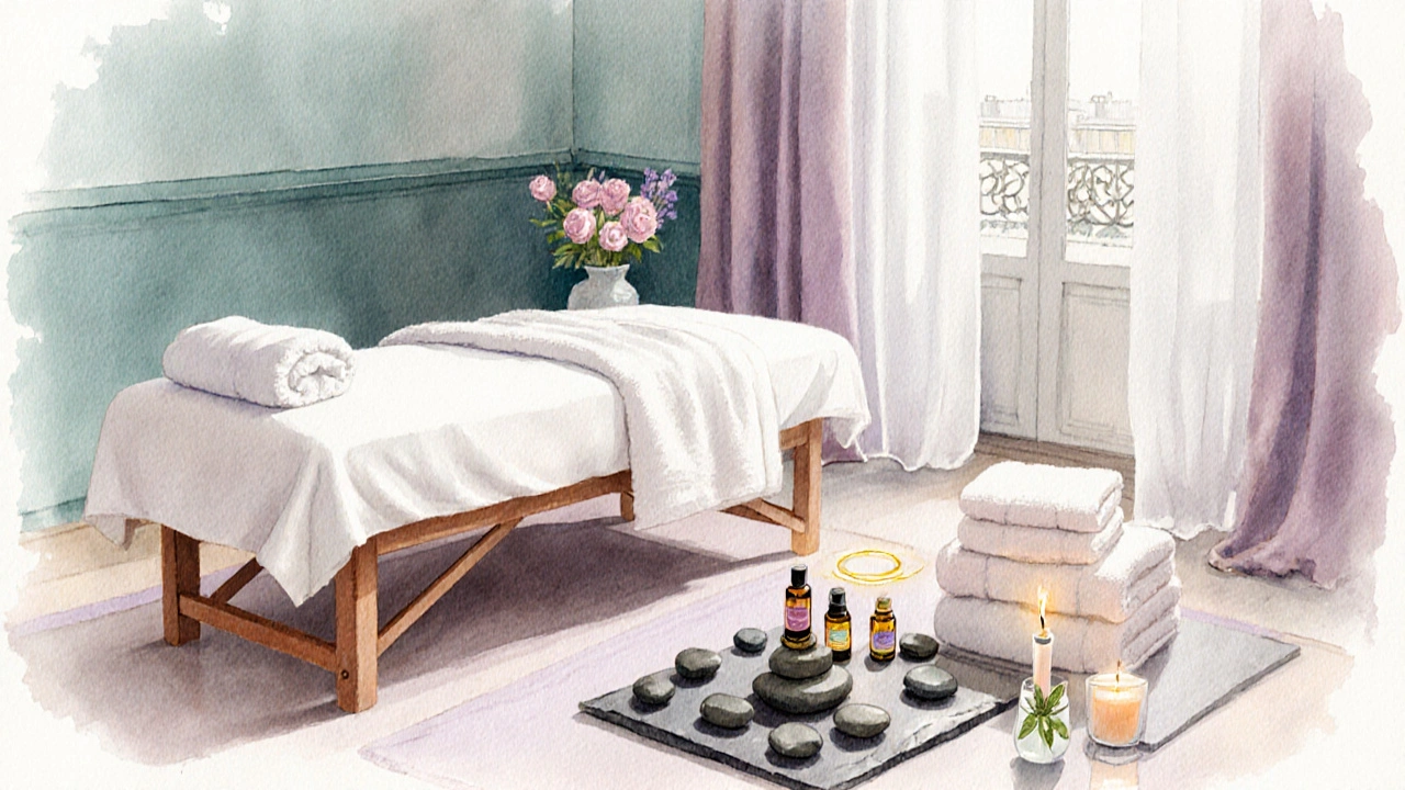 Salle de spa paisible avec table, huiles essentielles, pierres chaudes et bougies.