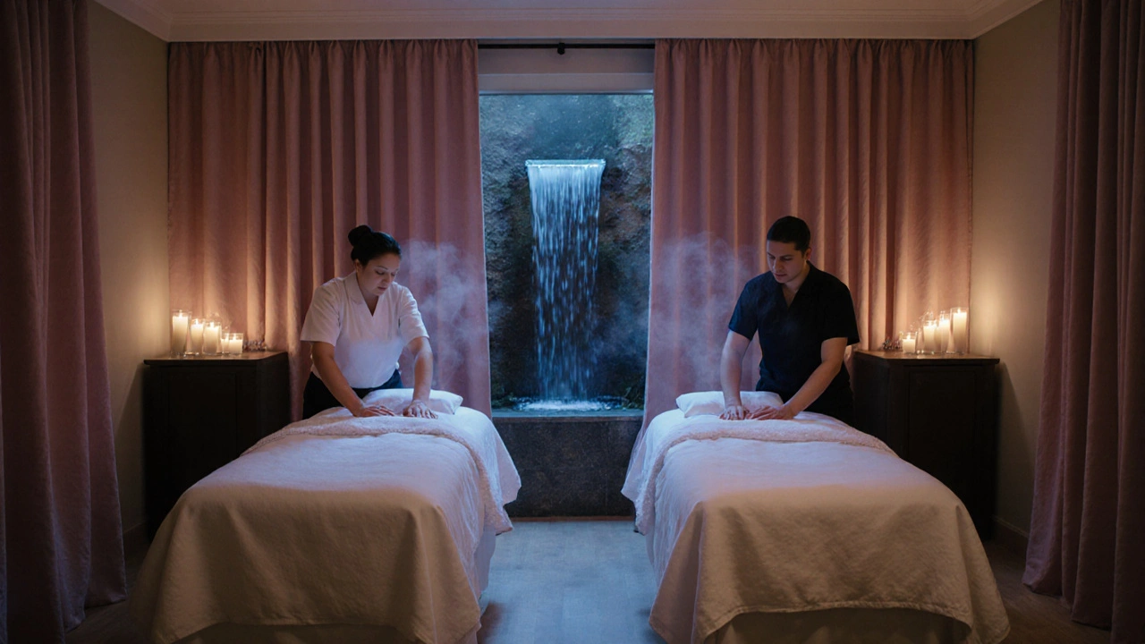 Salle privée de massage pour couples, tables côte à côte, bougies, thérapeutes synchronisés, atmosphère intime.