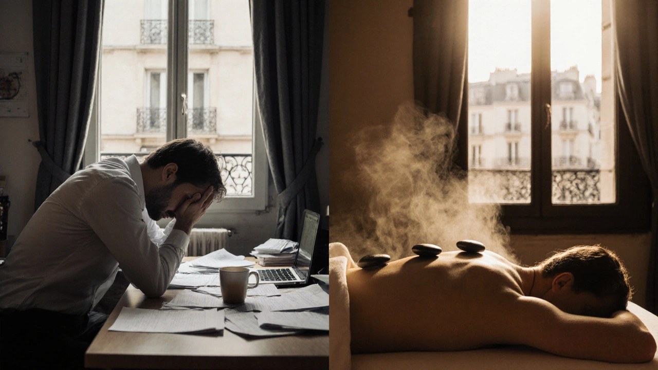 Scène divisée : personne stressée au bureau à gauche, détendue et endormie sur une table de massage à droite.