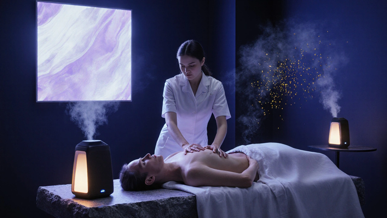 Séance de massage sensoriel avec lumières, huiles essentielles et ondes sonores dans un salon.