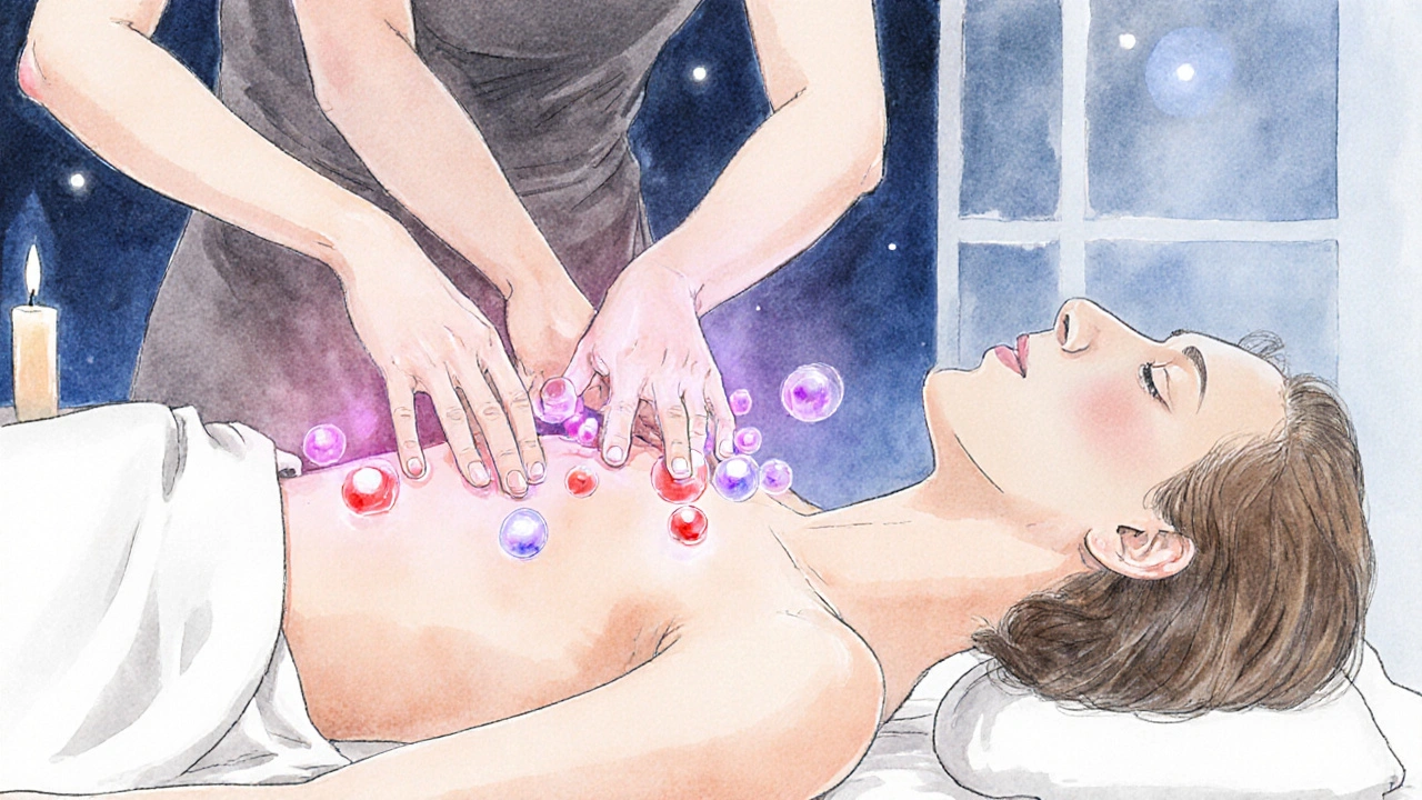 Séance de massage tantrique montrant les chakras lumineux le long de la colonne.