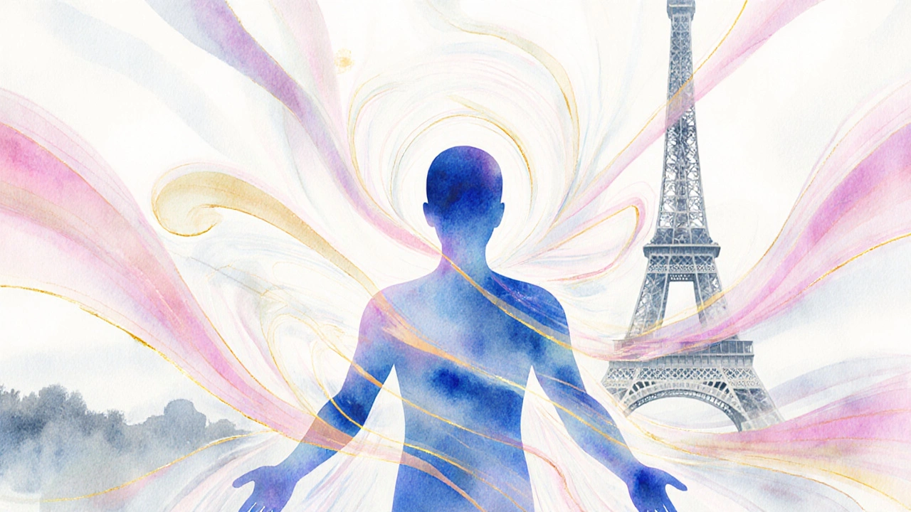Silhouette humaine entourée d’énergie lumineuse, tour Eiffel en arrière‑plan, style aquarelle.