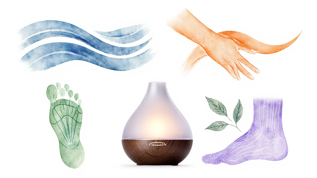 Symboles illustrant les types de massage (suédois, californien, shiatsu, réflexologie, lymphatique) autour d’un diffuseur d’huile.