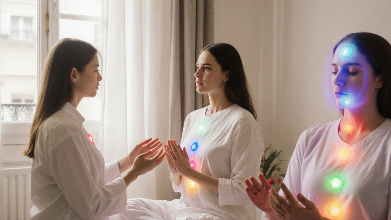 Trois techniques de massage énergétique représentées dans un espace calme à Paris : Reiki, thérapie holistique et équilibrage des chakras.