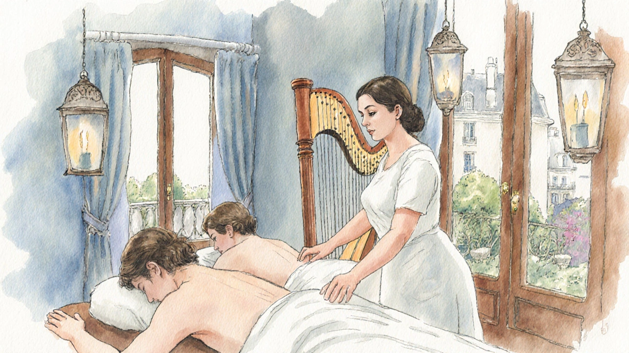 Une masseuse travaille sur deux personnes dans un spa de Montmartre, ambiance zen avec lanternes et jardin caché.