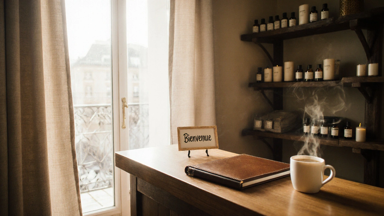 Accueil d&#039;un spa paisible avec une tasse de thé fumant, des bougies et des huiles naturelles sur un comptoir en bois.