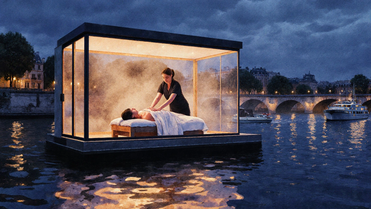 Cabine flottante sur la Seine où un massage doux est effectué au coucher du soleil, bateaux en arrière-plan.