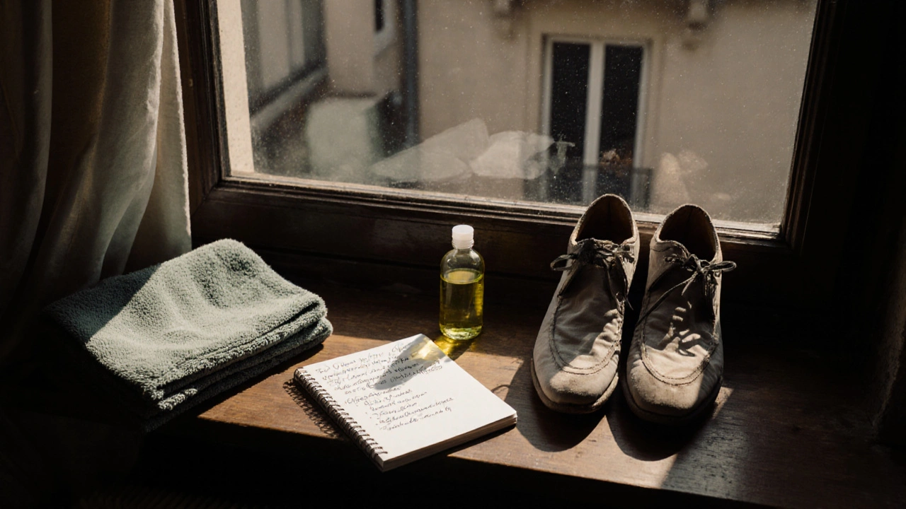 Chaussures de travail et huile naturelle posées sur un rebord de fenêtre à Paris, symbole de guérison et de résilience quotidienne.