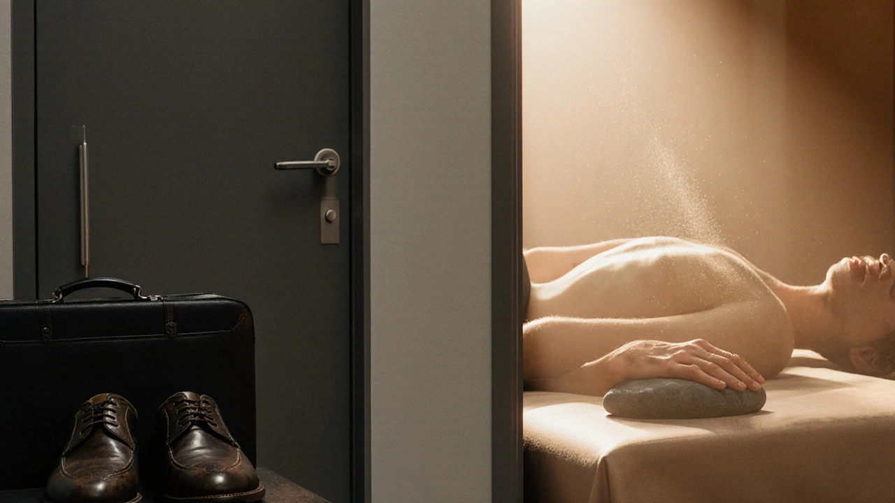 Chaussures et sac à main abandonnés près d&#039;une porte fermée, tandis qu&#039;une personne se repose en paix sur une table de massage, illuminée par la lumière du soleil.