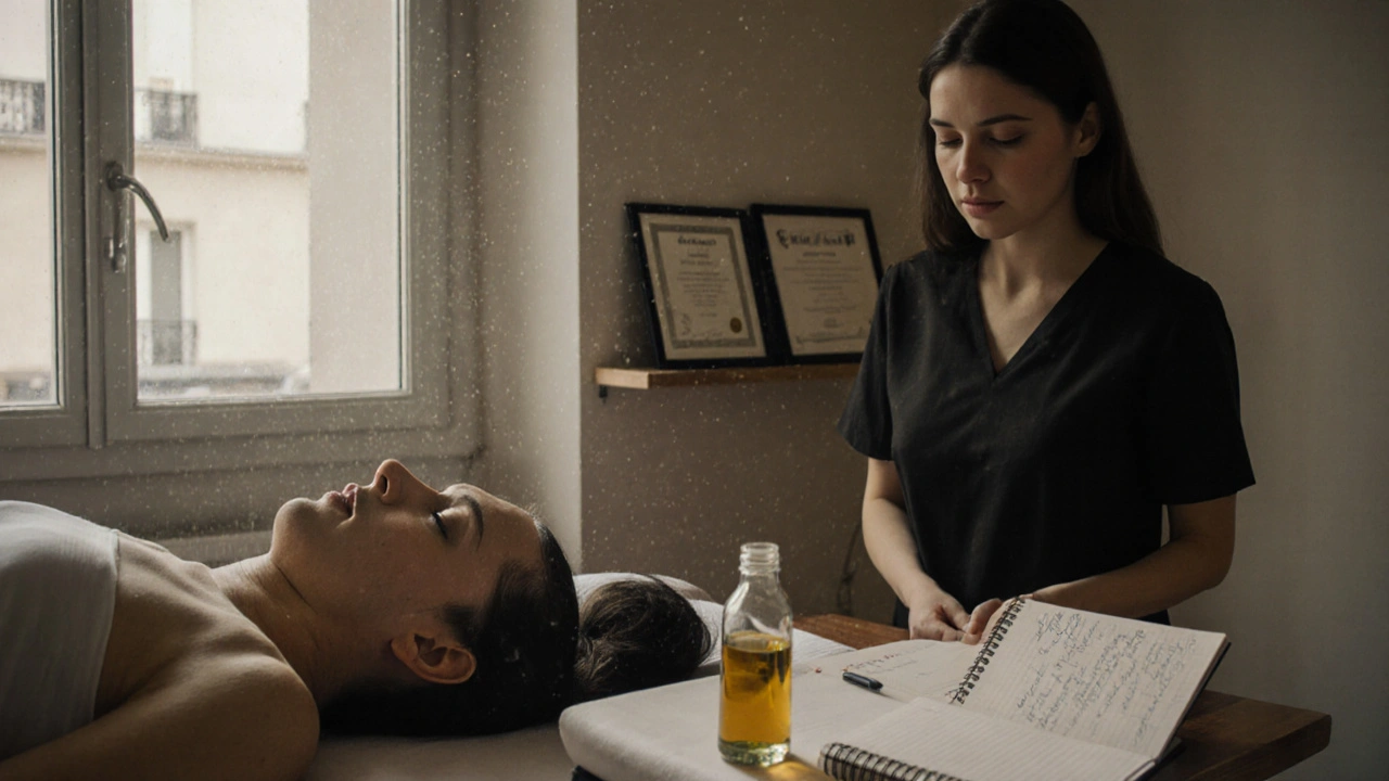 Client détendu sur une table de massage, un thérapeute observe sa respiration dans une pièce minimaliste et propre.