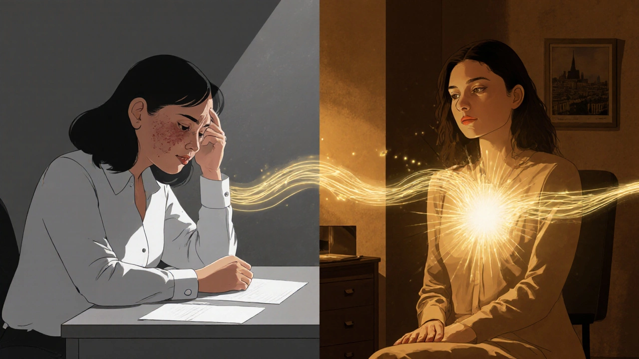 Comparaison symbolique : peau terne et stressée à gauche, peau radieuse et apaisée à droite, reliées par un flux énergétique.